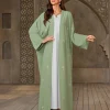 abaya vert clair pour dames islamiques, détails de broderie blanche, idéal pour un usage quotidien au qatar, du koweït et du moyen orient