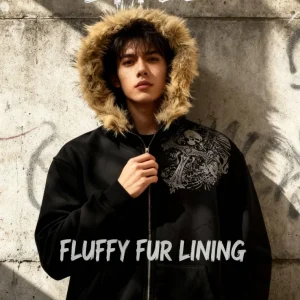 Sweat à capuche gothique pour hommes et femmes, Streetwear d&rsquo;hiver, noir, fermeture éclair, avec capuche en fourrure moelleuse, polaire chaude, veste surdimensionnée de Style urbain