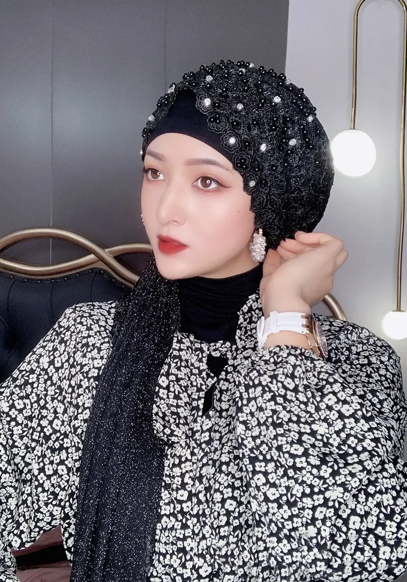 luxe dentelle perles turban casquette dubaï femmes musulmanes fête foulard prêt à porter hijab mode châles bandeau malaisie chapeaux