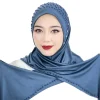 pull hijab instantané pratique, écharpe perlée, châle malais, foulard de couleur unie pour femmes (un bonnet cadeau)