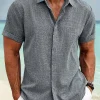 Chemise d&rsquo;été à manches courtes pour hommes, couleur unie, revers, style plage, cardigan décontracté, chemise en polyester, nouvelle collection