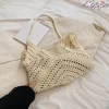 Sacs de paille Boho pour femmes, avec cordon de serrage, sac de plage en tricot, couleur unie, sac à main de vacances, grande capacité, sac à main tissé d&rsquo;été