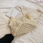 Sacs de paille Boho pour femmes, avec cordon de serrage, sac de plage en tricot, couleur unie, sac à main de vacances, grande capacité, sac à main tissé d&rsquo;été