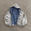 gris décontracté printemps surdimensionné réversible sweats à capuche femmes hommes streetwear vêtements à capuche avec doublure à carreaux sweat haut