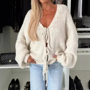 Cardigan tricoté pour femme, manteau à lacets, col en V, couleur unie, manches longues, épissure, manteaux élégants, droits, automne hiver