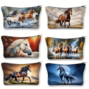 Sacs de maquillage élégants imprimé cheval, pochettes de rangement de cosmétiques en Polyester pour femmes, sac essentiel de voyage, porte-monnaie