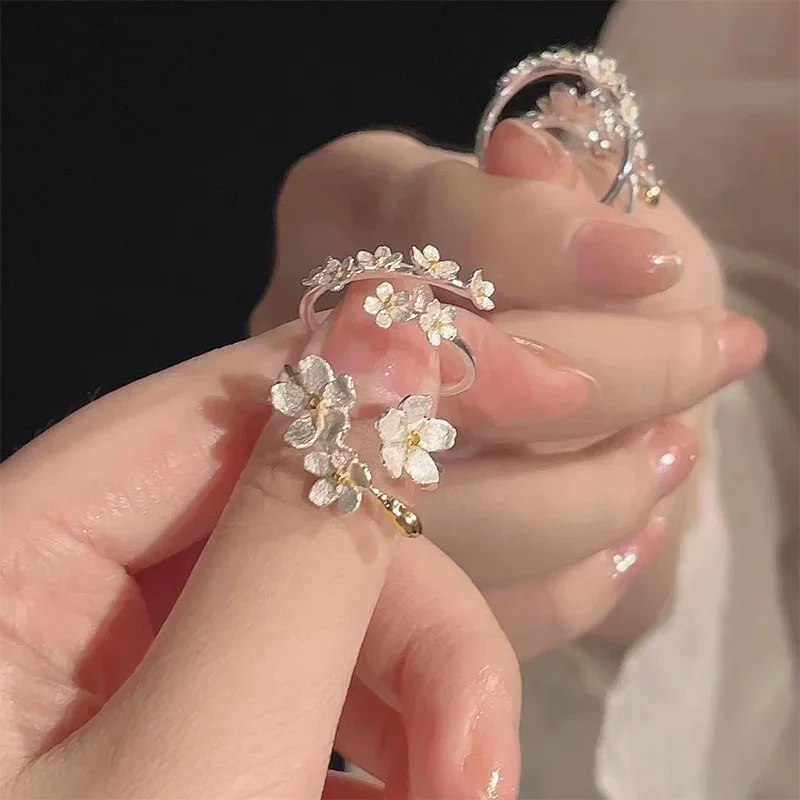 Bagues réglables à ouverture de fleur délicate pour femmes, couleur argent, minimaliste, bijoux fins de fiançailles, cadeau féminin
