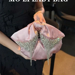 Sac à main en Satin avec nœud papillon pour Banquet, pochette de fête de mariage, sac à main de luxe pour femmes, sac de soirée exquis à paillettes et diamants