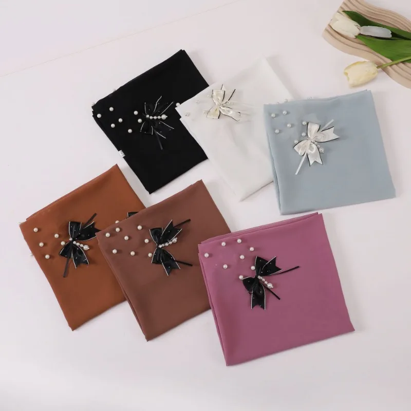 new 90 * 90cm hijab for women fashion headscarf turban solid color wrap pearl chiffon xiaoxiangfeng bow square scarf muslim girl