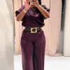 ensemble pantalon long avec ceinture élégante pour femmes, chemises à manches courtes, jambes larges, ensemble 2 pièces, tenues chics pour bureau, y2k