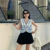 gilet brodé pour femmes, veste en crochet à fleurs, tricot ouvert, sans manches, boutonné, haut court, tenue de vacances d'été boho