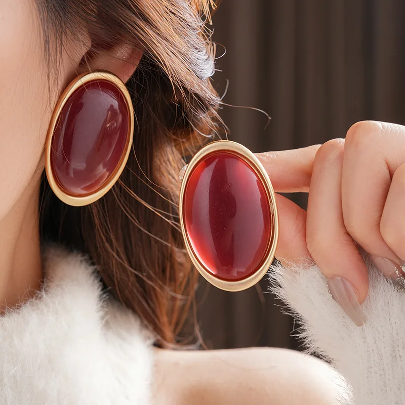 Boucles d'oreilles Vintage en résine rouge pour femmes, grandes boucles d'oreilles ovales géométriques de luxe, bijoux d'oreille de fête de mariage, vente en gros