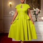 Robes trapèze élégantes pour femmes avec boutons décoratifs et taille péplum, parfaites pour les fêtes de thé à l&rsquo;église et les événements spéciaux