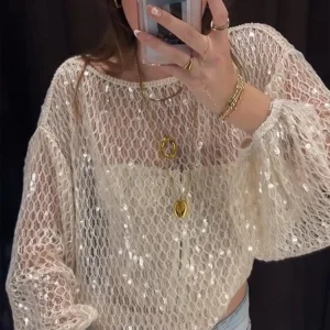T-Shirt en maille à paillettes pour femmes, tricoté, perles ajourées, col rond scintillant, manches longues, ample, chemisier court, pull en tricot