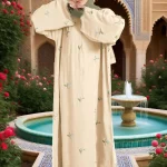 Abaya musulman élégant pour femmes musulmanes, Design brodé abricot clair islamique, matériau confortable, parfait pour les marchés du moyen-orient, nouvelle collection 2025