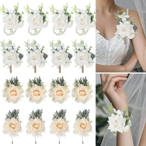 Décoration florale de poignet de mariage, Bracelet en perles de Rose en soie, fleurs à main, costume de marié, Corsage, broche de fleur, cadeau de demoiselle d&rsquo;honneur