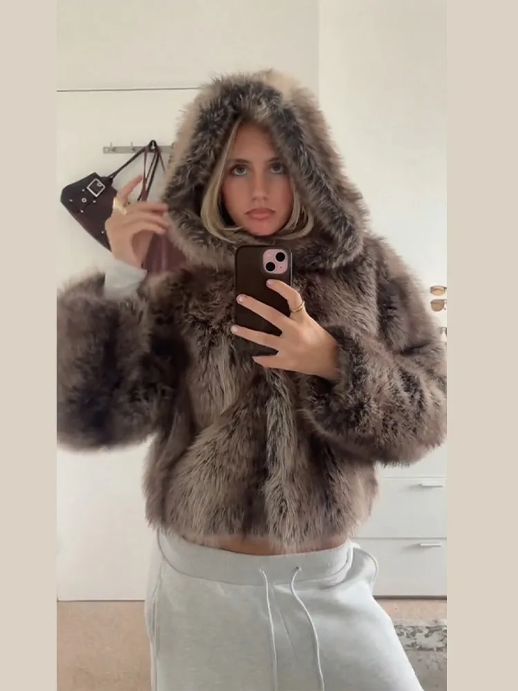 manteau de fourrure à capuche pour femme bouton caché à manches longues manteau de fourrure moelleux femme hiver ample rue décontracté fausse fourrure manteaux dames