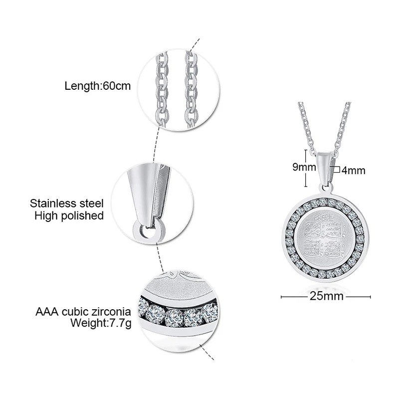 collier avec pendentif en pierre cz pour homme musulman, 4 qul, hajj, umrah, islamique, couleur argent