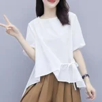 Chemisier irrégulier à lacets à col rond pour femmes, chemise d&rsquo;été, pulls décontractés, vêtements à la mode, nouveau, 2023