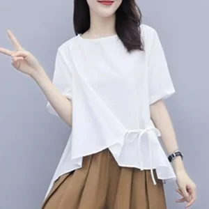 Chemisier irrégulier à lacets à col rond pour femmes, chemise d&rsquo;été, pulls décontractés, vêtements à la mode, nouveau, 2023