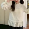 chemise à base de dentelle, nouveau style d'automne, douce et mignonne, coupe ample, col mi haut, pull, haut polyvalent en dentelle