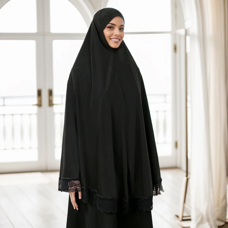 abayas musulmanes couverture complète bord en dentelle femmes noir vêtements couleur unie hijab instantané doux premuim coton chanvre ramadan robe de prière