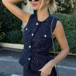 Gilet bleu à paillettes pour femmes, nouvelle mode avec ceinture, manteau sans manches, Streetwear Chic, automne 2024