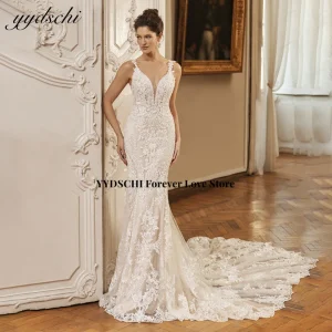 Robe De mariée sirène en dentelle filet scintillant, avec col en v profond, Illusion Sexy, dos ouvert, avec des Appliques, longue robe De mariée, 2025