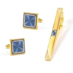 Boutons de manchette en métal de couleur or de luxe, ensemble de pinces à cravate pour hommes, cadeau d&rsquo;invité de mariage, manchettes bleues, pinces à cravate, bijoux de mariage en cuivre