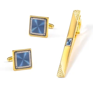 Boutons de manchette en métal de couleur or de luxe, ensemble de pinces à cravate pour hommes, cadeau d&rsquo;invité de mariage, manchettes bleues, pinces à cravate, bijoux de mariage en cuivre