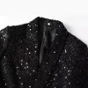 blazer à paillettes brillantes pour femme, vêtement de travail à la mode et décontracté, double boutonnage, devant ouvert, col en v, automne