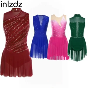 Robe justaucorps de danse lyrique pour femmes, strass scintillants, sans manches, Costume de patinage artistique pour spectacle sur scène de gymnastique Robe justaucorps de danse lyrique pour femmes, strass scintillants, sans manches, Costume de patinage artistique pour spectacle sur scène de gymnastique