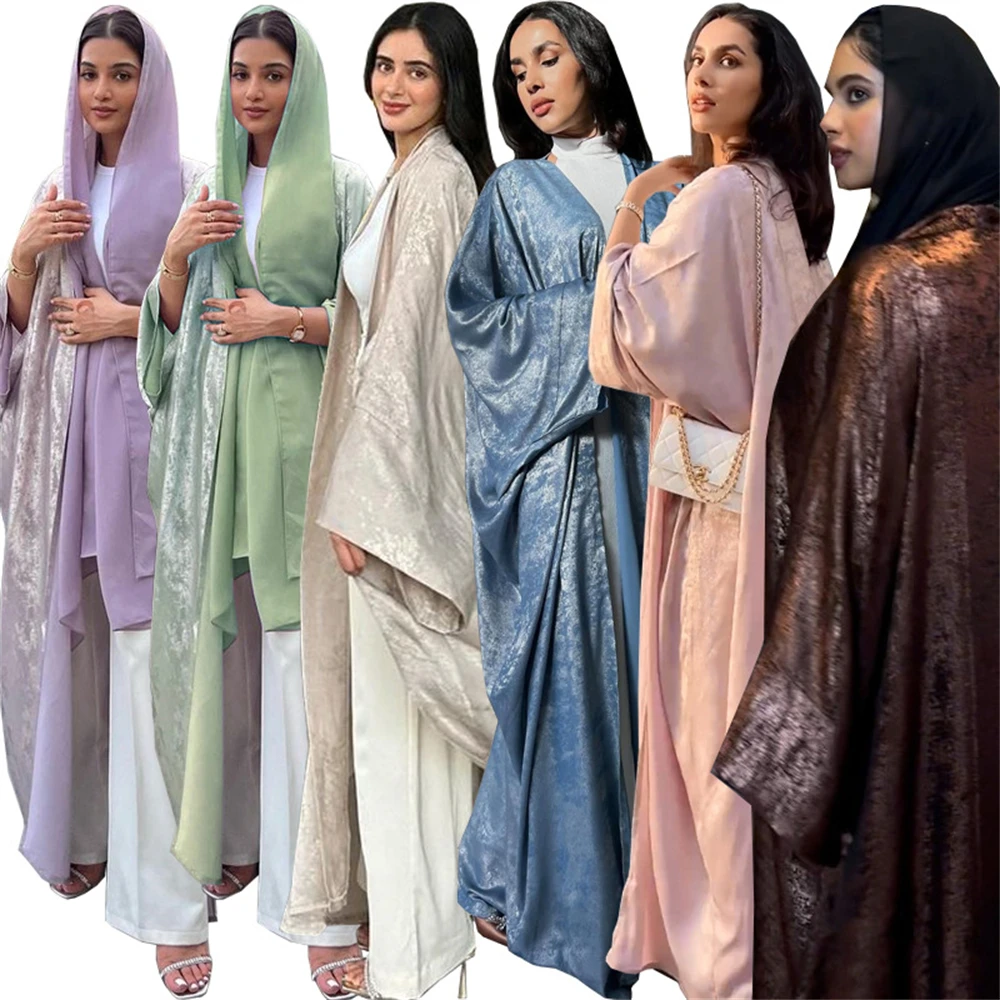 brillant satin ouvert kimono abaya 2025 ramadan dubaï luxe caftan musulman robe pour femmes islam vêtements robe femme musulmane