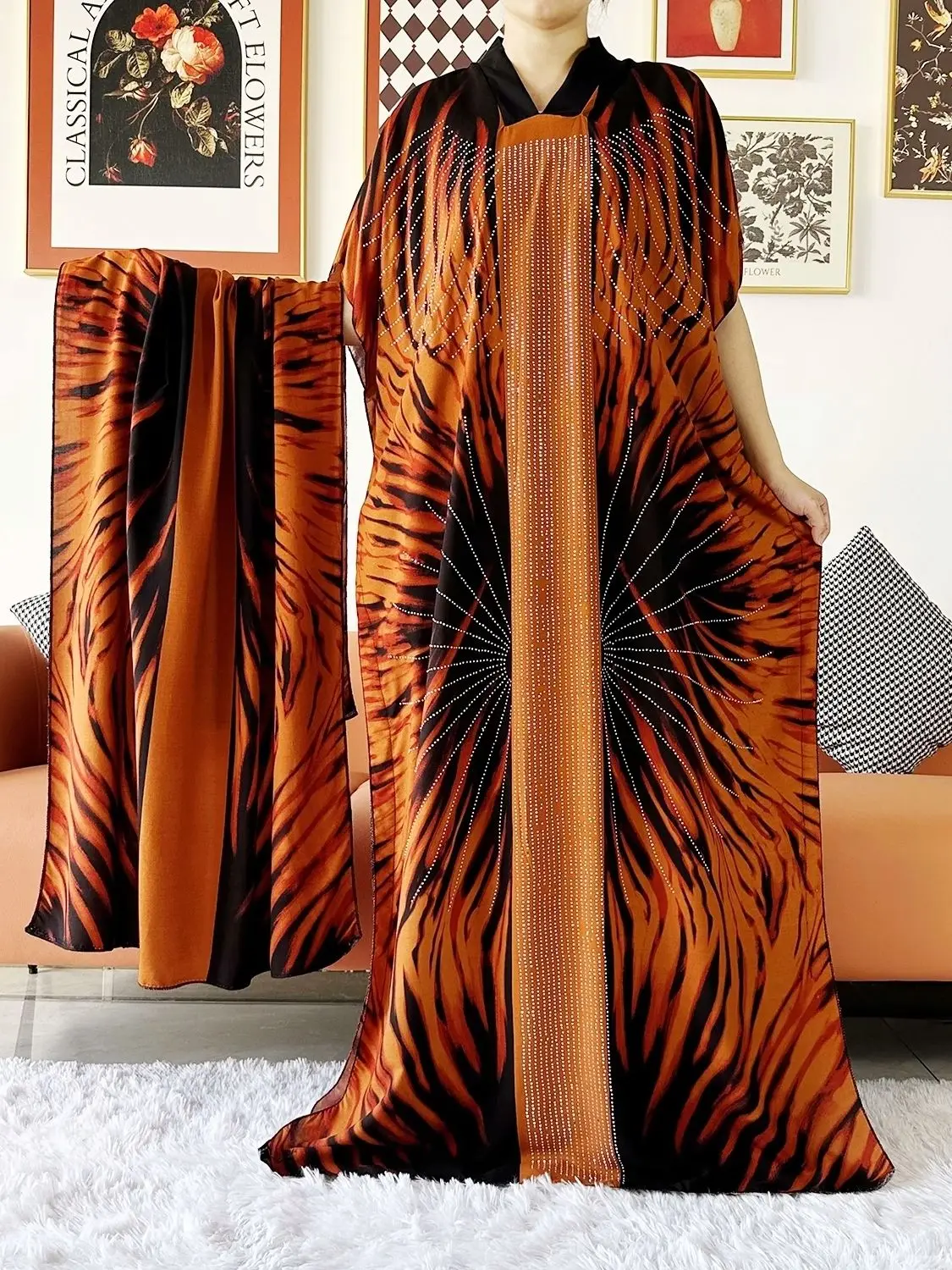 abaya robe de soirée en coton à manches courtes pour femme musulmane africaine, boubou avec strass, grande Écharpe, Été 2024