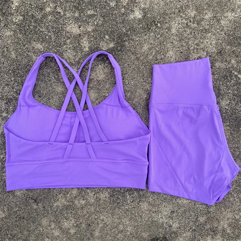 ensemble de vêtements de yoga 2 pièces, ensemble short de sport pour femmes, soutien gorge croisé dans le dos, haut, short taille haute, costume de fitness, survêtement d'entraînement de course