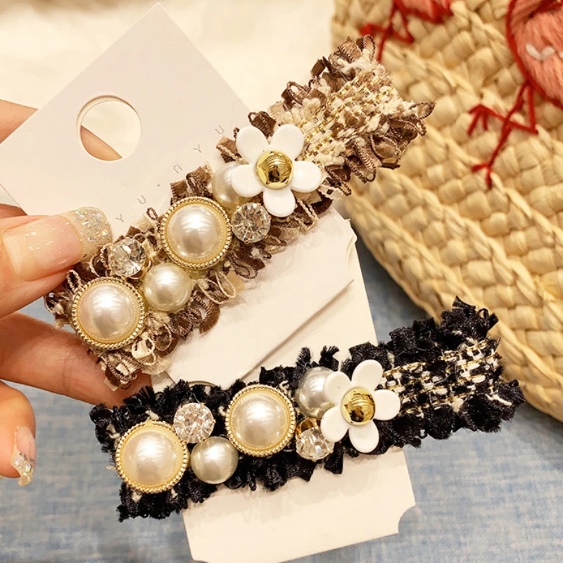 Épingle à cheveux en biscuits fleur perle vintage pour femme, pince à cheveux BB, haut cassé, accessoires de bijoux élégants, coréen, doux, nickel é, nouveau