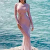robe de plage en maille transparente pour femmes, couvertures de plage, manches longues, coupe couvertes, tenues éducatives, hot club rave, 1 pièce