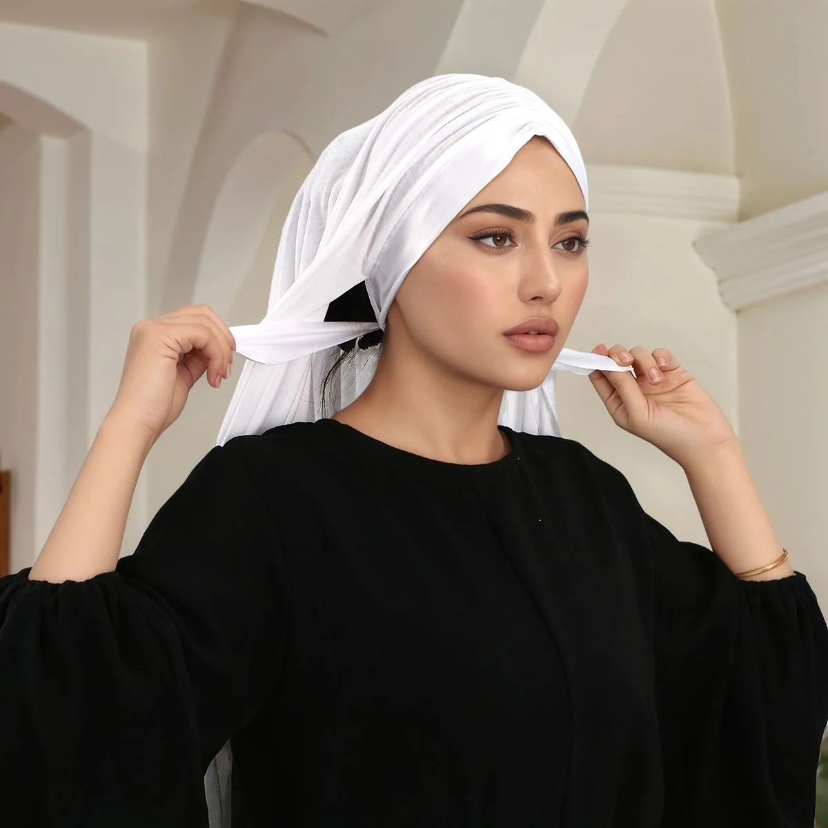 Écharpe hijab instantanée en jersey modal pour femmes, sangle en satin, châle extensible, bandeau musulman uni, longues enveloppes à la mode, turban islamique