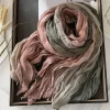 Foulard en lin de coton rétro automne hiver plissé soie longs châles musulman froissé Hijab foulard dégradé couleur froissé foulards