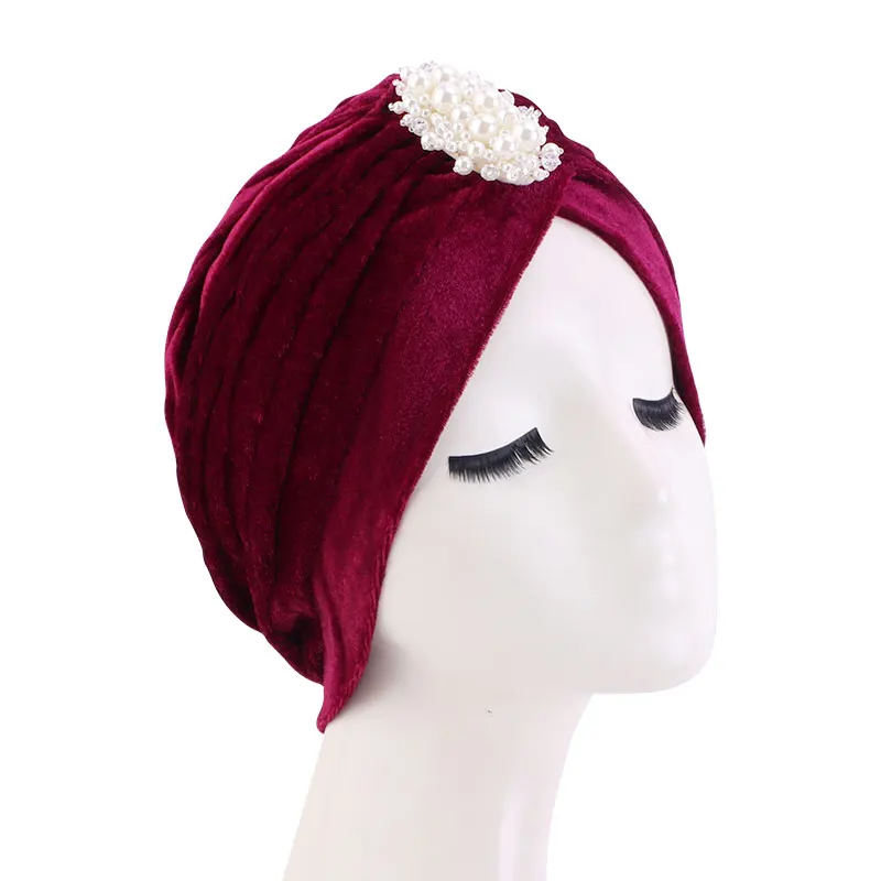 Nouveau femmes velours Turban chapeau perle musulman torsion couleur unie Hijab chimio casquette Vintage femme bandeau élégant foulard bonnets