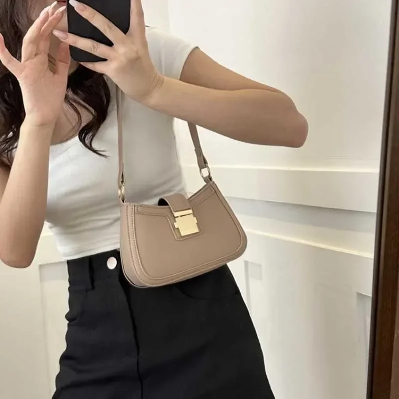Sac à main Vintage en cuir PU marron pour femmes, boucle dorée, tendance, sac à bandoulière sous les bras, couleur unie, fourre-tout Simple de luxe