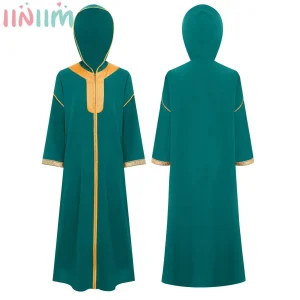 Robe Abaya musulmane pour enfants, manches longues, fermeture éclair, broderie dorée, à capuche, Kaftan, Robe arabe, Costume de prière islamique du moyen-orient