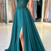 robe de bal longue en mousseline de soie, avec des appliques en dentelle scintillante, col en v, bretelles spaghetti, robe formelle avec fente, robes de soirée
