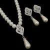 collier de perles élégant, boucles d'oreilles avec diamant, pendentif creux incrusté, bijoux classiques, cadeau pour mariées, mariage et occasions formelles