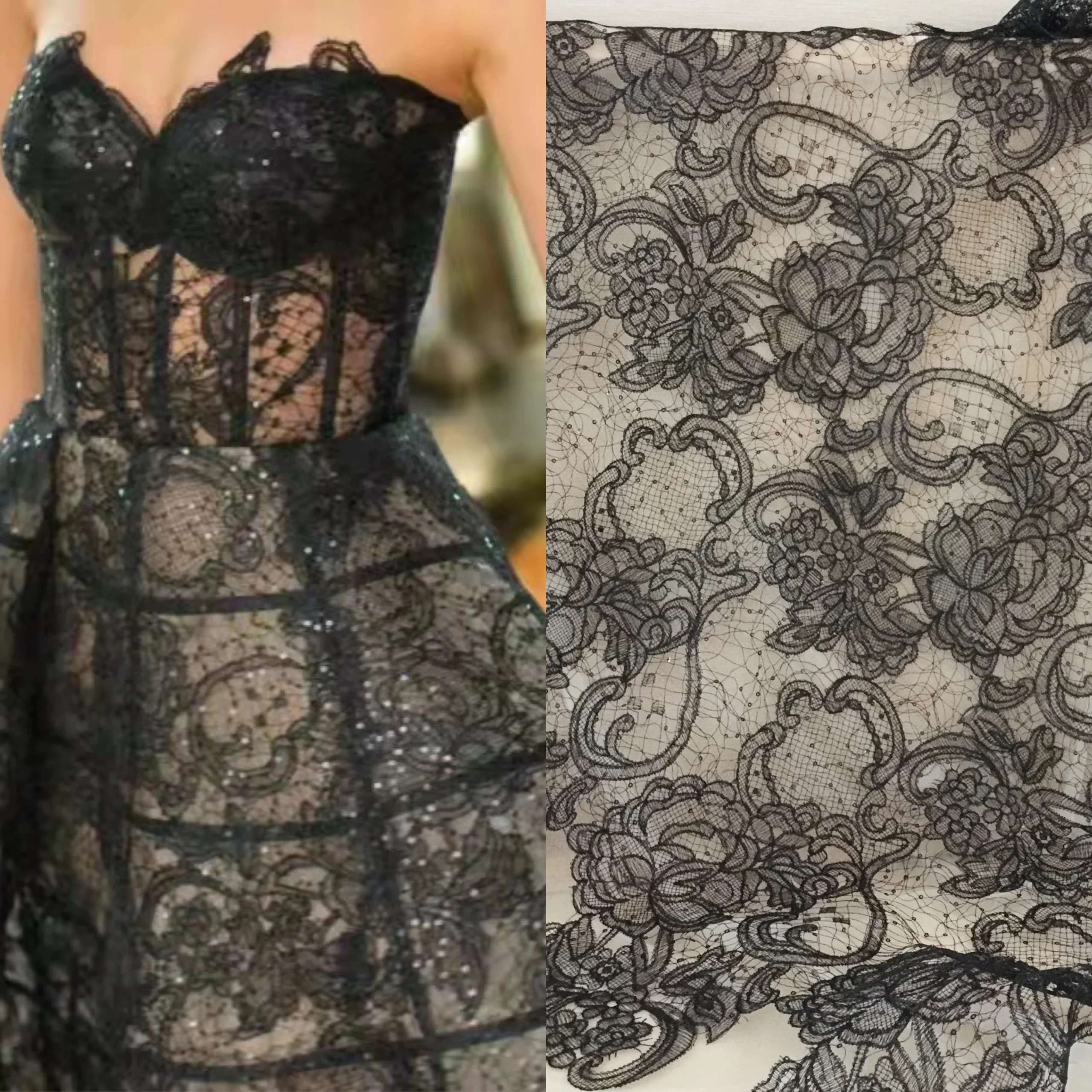 Tissu en dentelle Alençon à sequins avec capuchons en dentelle, broderie florale noire ivoire, robe de mariée, 1 mètre Tissu en dentelle Alençon à sequins avec capuchons en dentelle, broderie florale noire ivoire, robe de mariée, 1 mètre