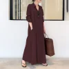 abayas robe longue en coton et lin pour femme musulmane, chemise décontractée simple, revers de document solide, manches longues, poche, 2025