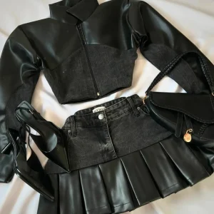Y2K-Veste à Manches sulfet Jupe Courte en Denim pour Femme, Ensemble Deux Pièces en Patchwork de Cuir, Style Hip Hop, à Fermeture Éclair, à la Mode