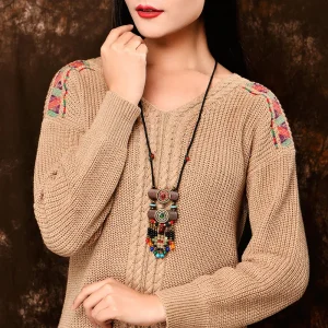 Collier Pendentif en Pierre Naturelle de Style Bohème, Bijou Créatif en Métal Tibétain et Argenté, Idéal comme Cadeau