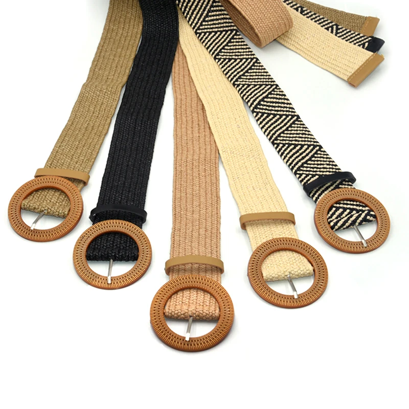 Ceinture élastique tressée en plastique pour femmes, ronde, vintage, bohème, paille, décorative, robe, été