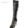 sandales de gladiateur noires à talons aiguilles, à lanières, aux genoux, à bout ouvert, multi boucles, pour femmes, nouvelle collection été 2025
